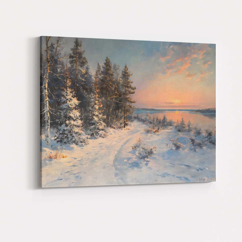 Winter Sunset Snowy Forest Lake View Impressionist Landscape Canvas Wall Art Print Decor Picture Ready to Hang