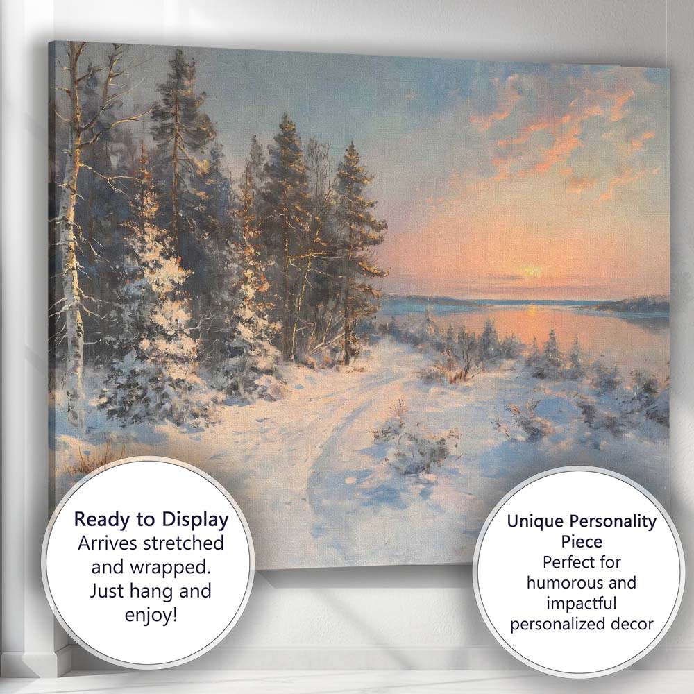 Winter Sunset Snowy Forest Lake View Impressionist Landscape Canvas Wall Art Print Decor Picture Ready to Hang