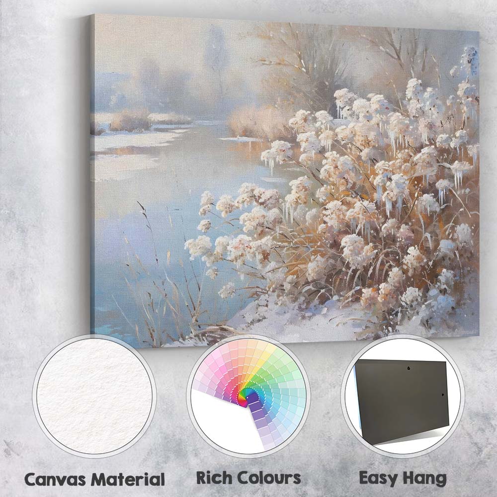 Frosted Wildflowers By Icy River Winter Nature Painting Canvas Wall Art Print Decor Picture Ready to Hang
