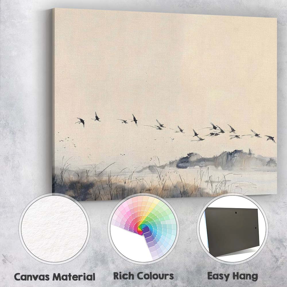 Minimalist Flying Birds Winter Wetland Ink Wash Landscape Canvas Wall Art Print Decor Picture Ready to Hang