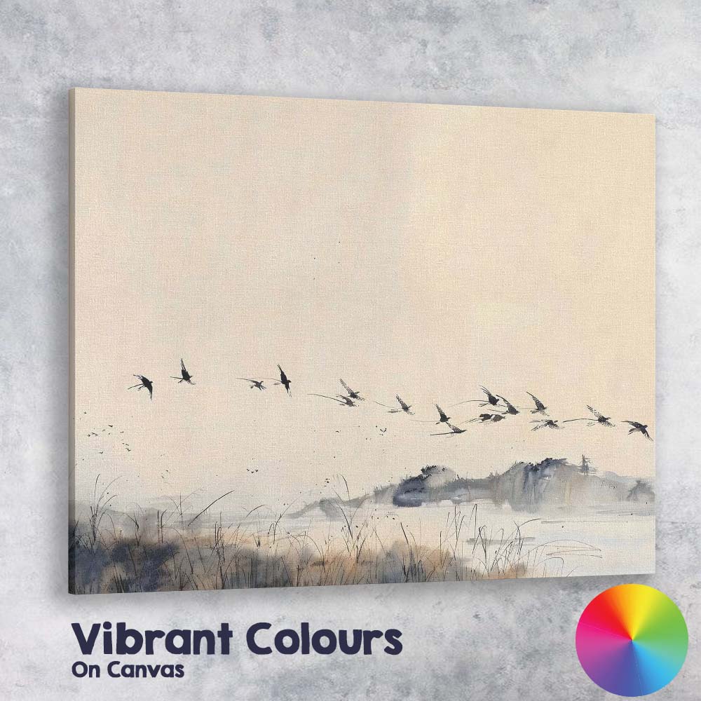 Minimalist Flying Birds Winter Wetland Ink Wash Landscape Canvas Wall Art Print Decor Picture Ready to Hang
