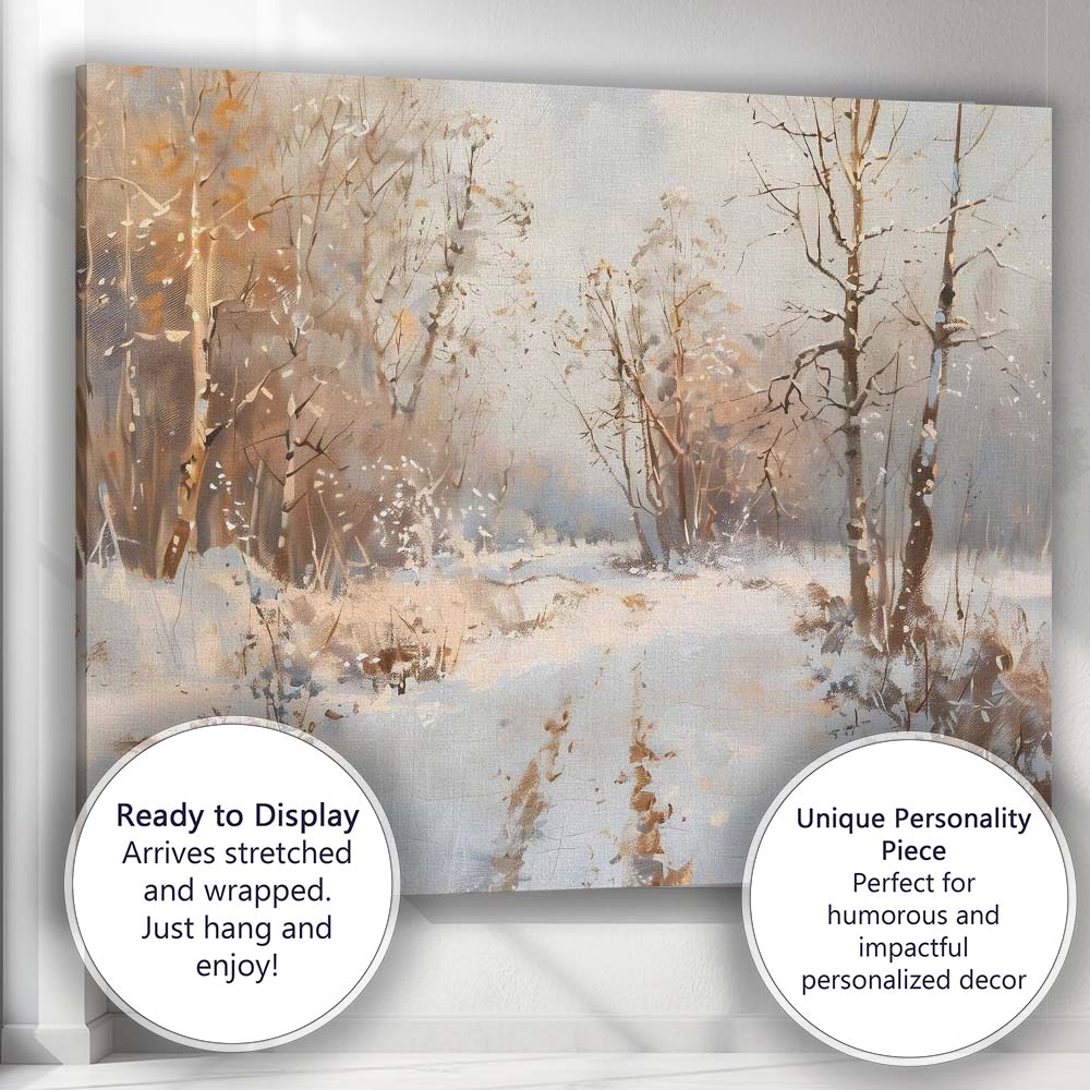 Golden Light Snowy Woodland Path Winter Forest Scene Canvas Wall Art Print Decor Picture Ready to Hang