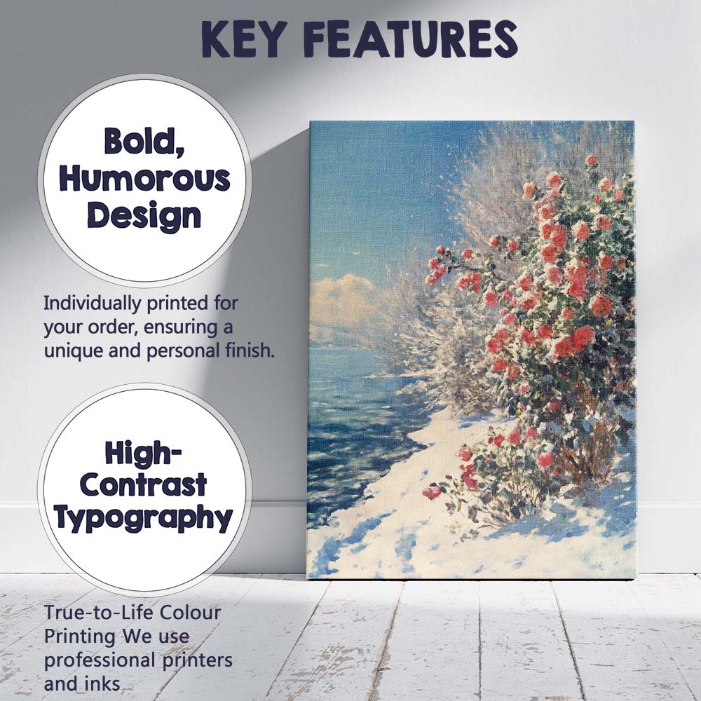 Red Winter Camellia Flowers Snowy Lakeside Impressionist Landscape Canvas Wall Art Print Decor Picture Ready to Hang