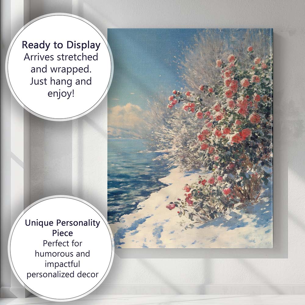 Red Winter Camellia Flowers Snowy Lakeside Impressionist Landscape Canvas Wall Art Print Decor Picture Ready to Hang