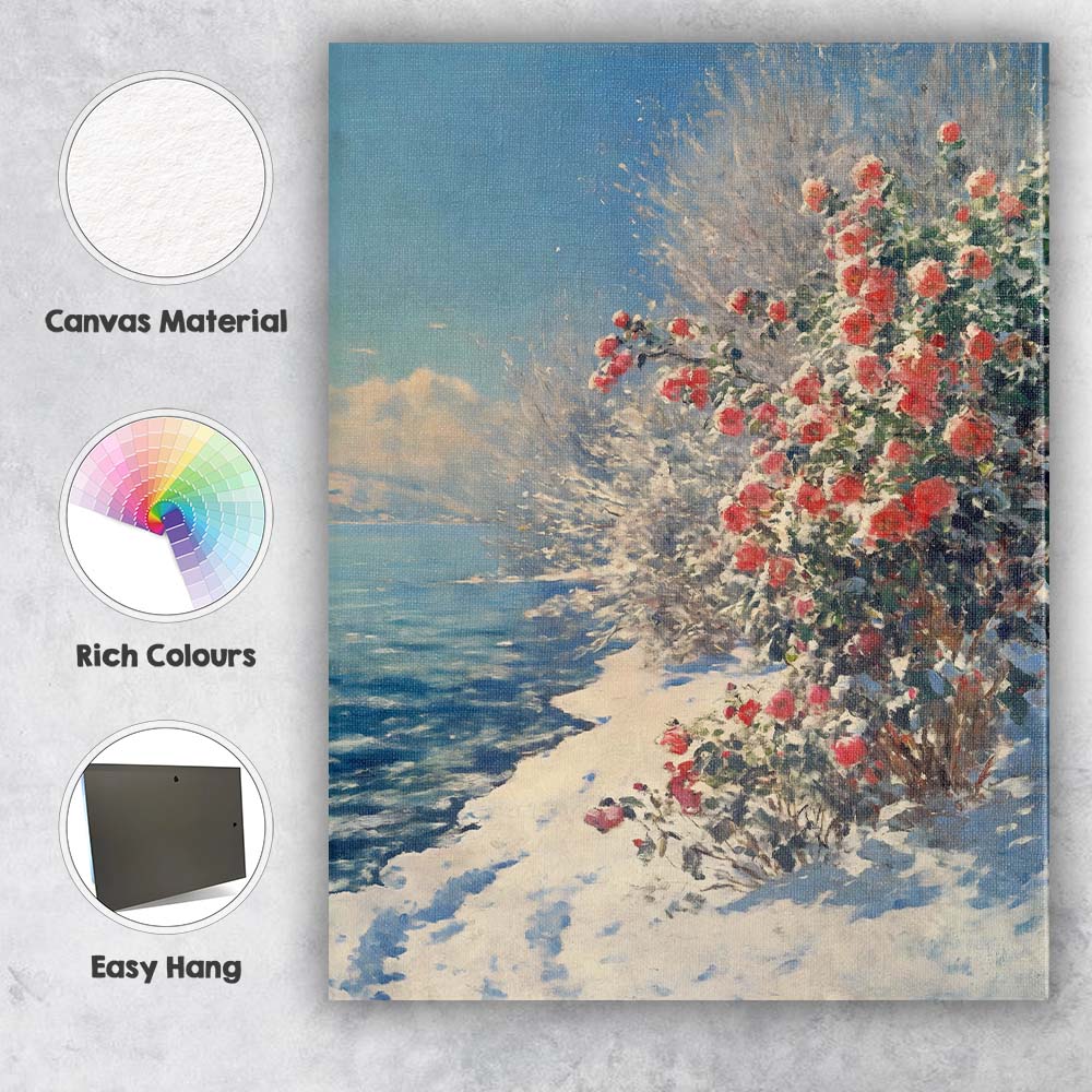 Red Winter Camellia Flowers Snowy Lakeside Impressionist Landscape Canvas Wall Art Print Decor Picture Ready to Hang