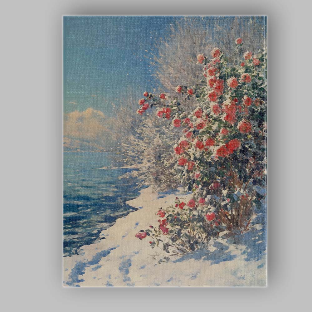 Red Winter Camellia Flowers Snowy Lakeside Impressionist Landscape Canvas Wall Art Print Decor Picture Ready to Hang