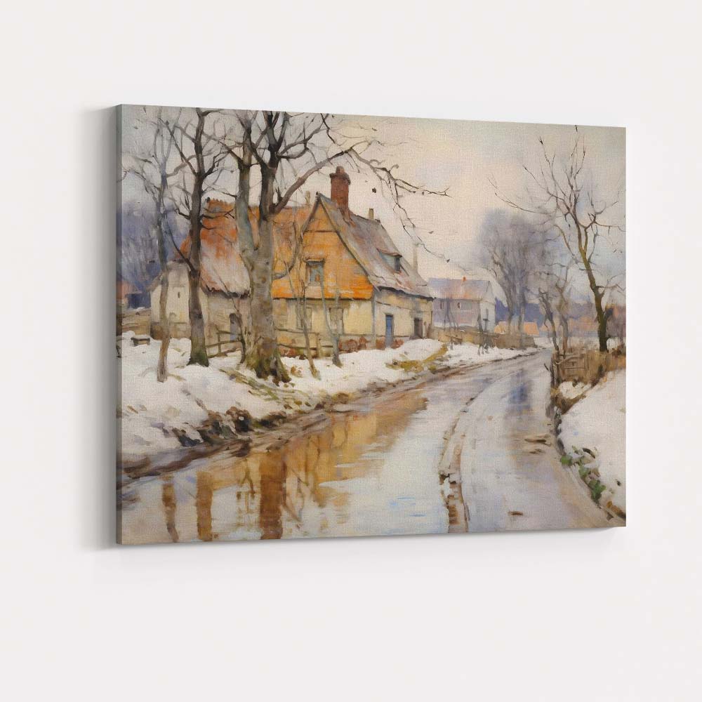 Rustic Snowy Village Country Road Winter Landscape Canvas Wall Art Print Decor Picture Ready to Hang