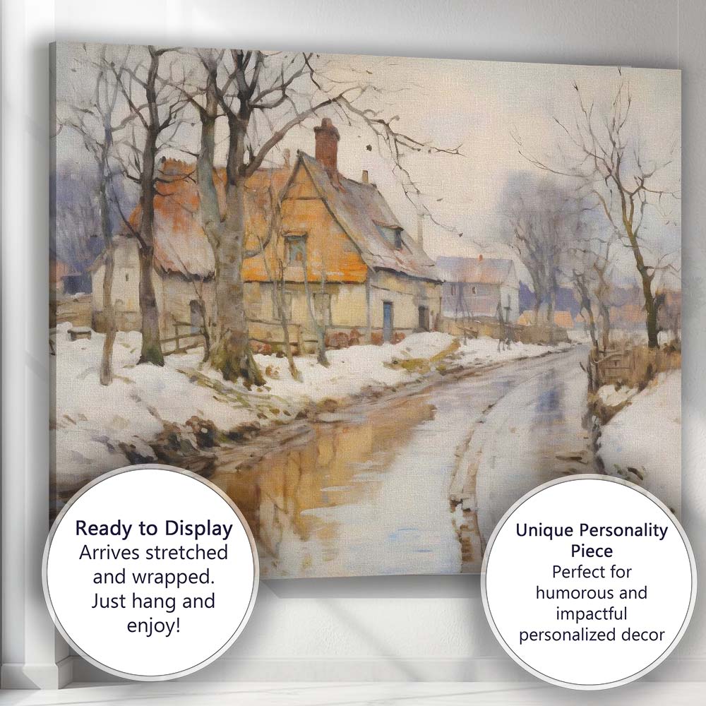 Rustic Snowy Village Country Road Winter Landscape Canvas Wall Art Print Decor Picture Ready to Hang