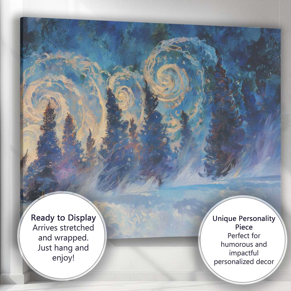 Abstract Swirling Night Sky Snowy Pine Forest Winter Canvas Wall Art Print Decor Picture Ready to Hang