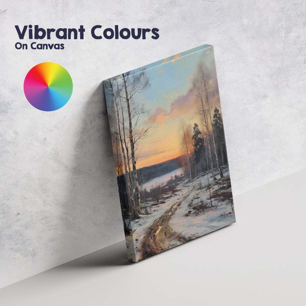 Winter Forest Track Sunset Lake Scenic Impressionist Landscape Canvas Wall Art Print Decor Picture Ready to Hang