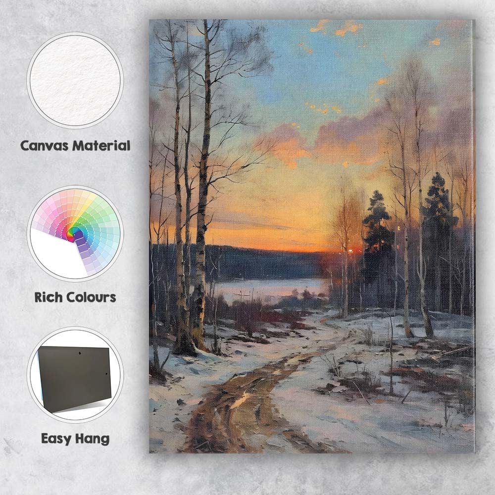 Winter Forest Track Sunset Lake Scenic Impressionist Landscape Canvas Wall Art Print Decor Picture Ready to Hang