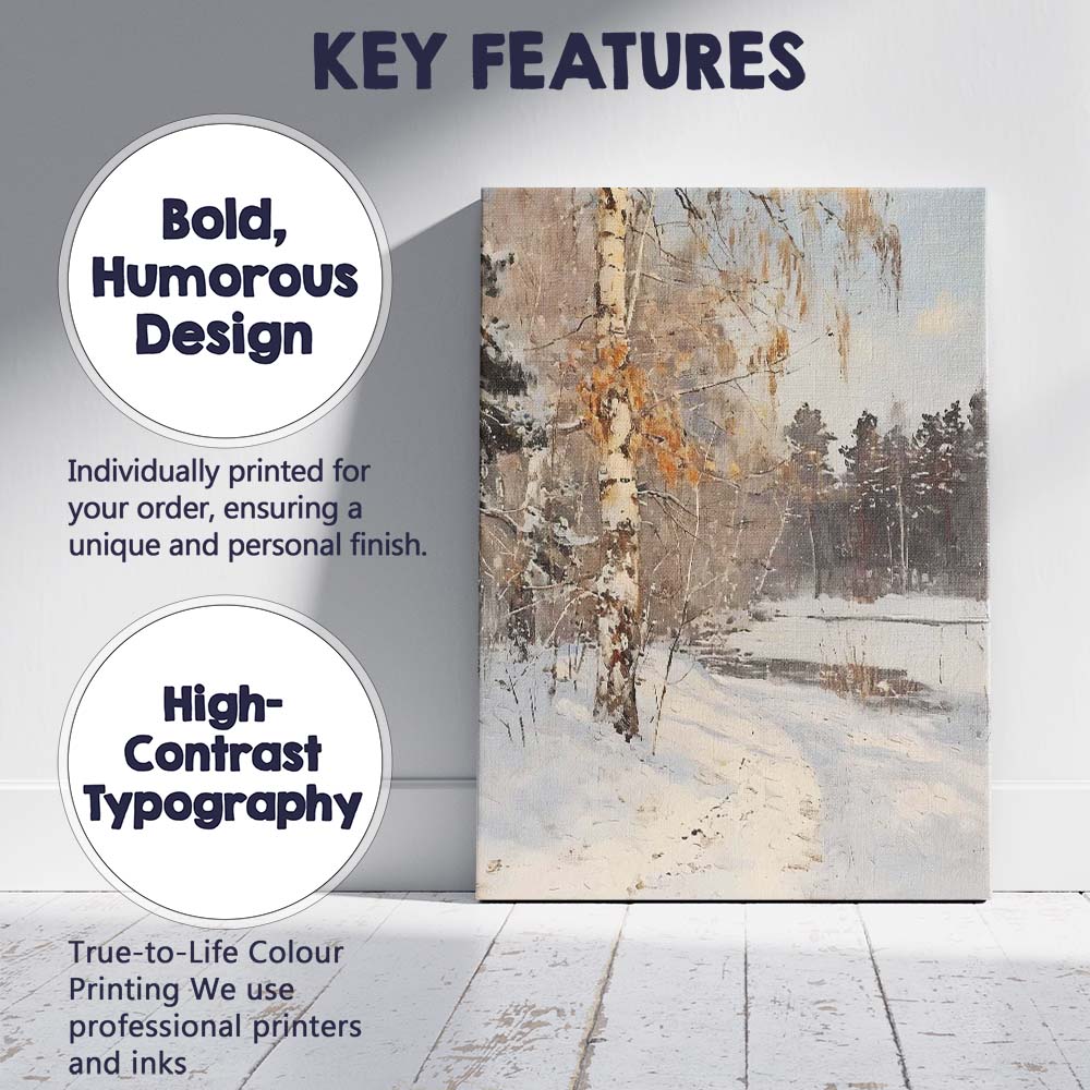 Soft Neutral Birch Tree Snowy Pond Winter Woodland Canvas Wall Art Print Decor Picture Ready to Hang