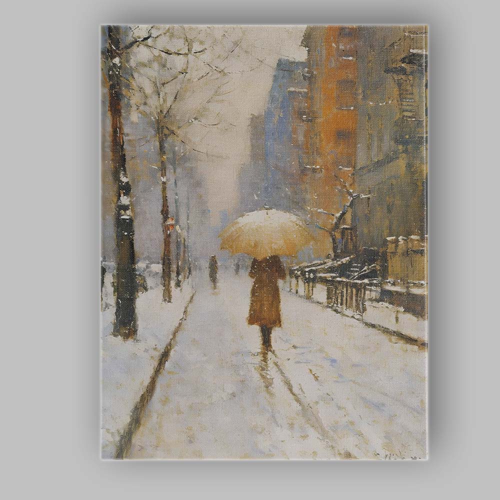 Impressionist Snowy City Street Figure With Umbrella Winter Canvas Wall Art Print Decor Picture Ready to Hang