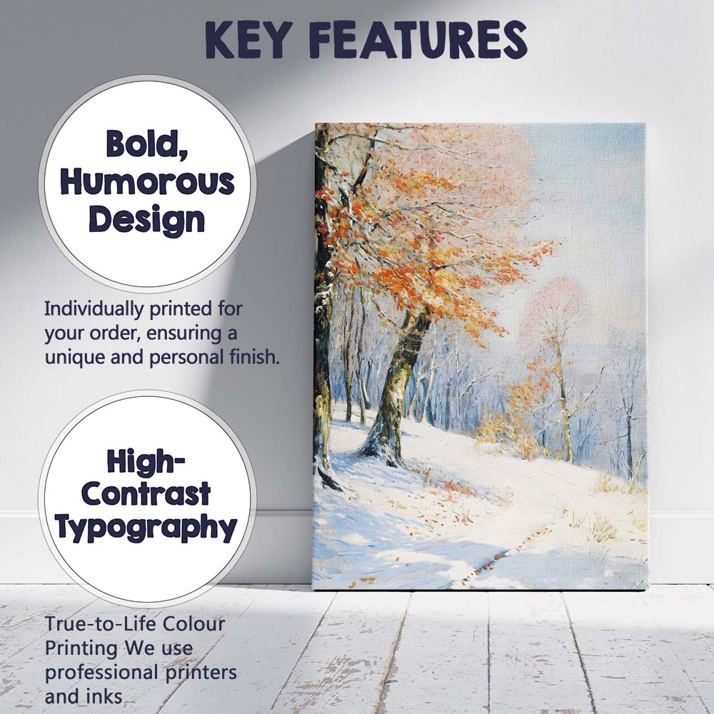 Orange Autumn Leaves Against Snowy Woodland Landscape Canvas Wall Art Print Decor Picture Ready to Hang
