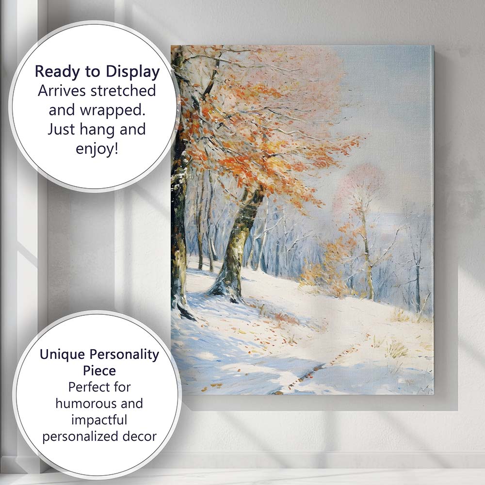 Orange Autumn Leaves Against Snowy Woodland Landscape Canvas Wall Art Print Decor Picture Ready to Hang