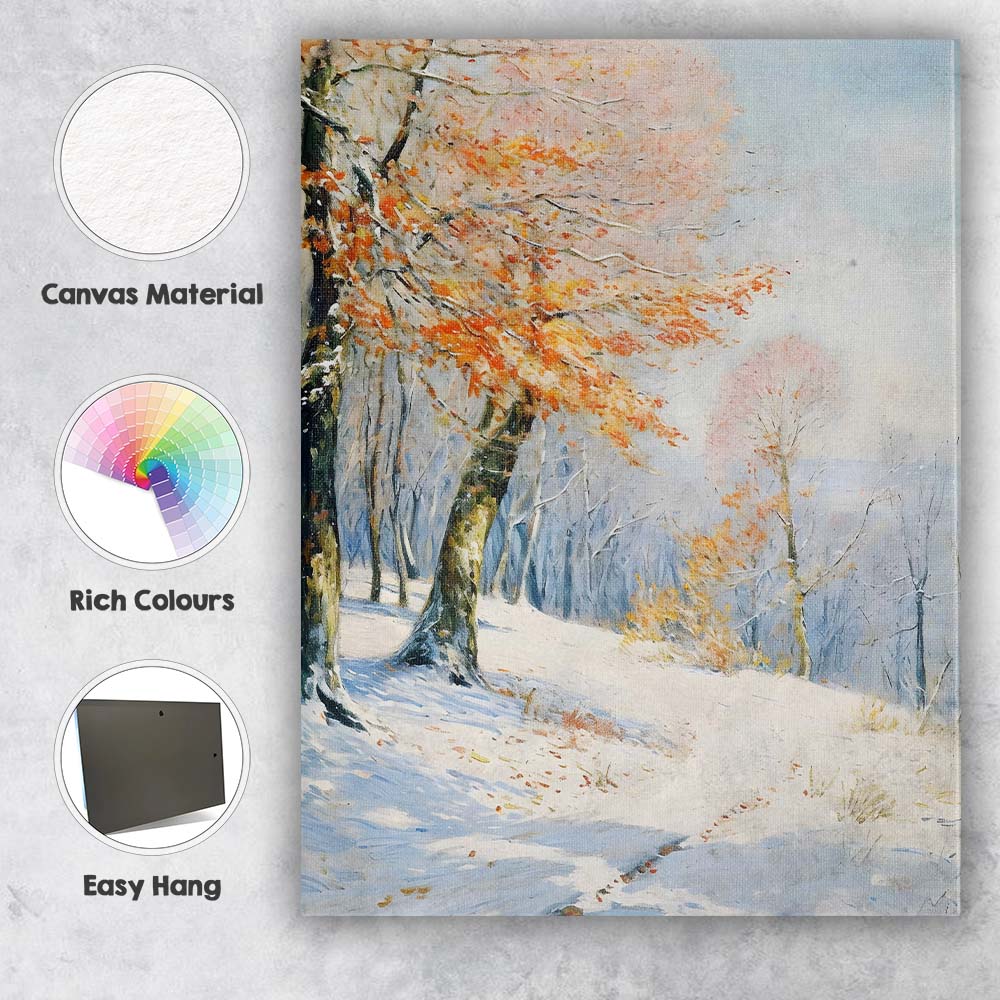 Orange Autumn Leaves Against Snowy Woodland Landscape Canvas Wall Art Print Decor Picture Ready to Hang