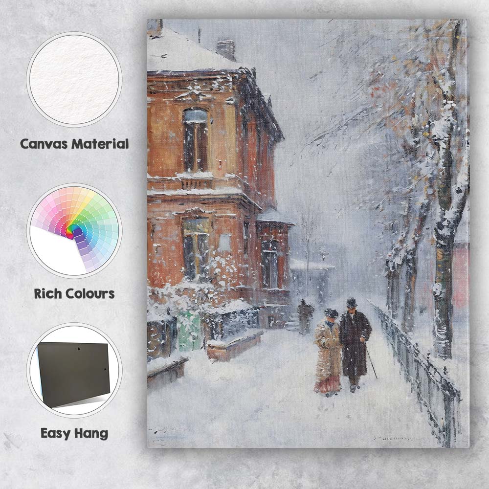 Elegant Victorian Couple Snow Covered Street Winter Impressionist Canvas Wall Art Print Decor Picture Ready to Hang