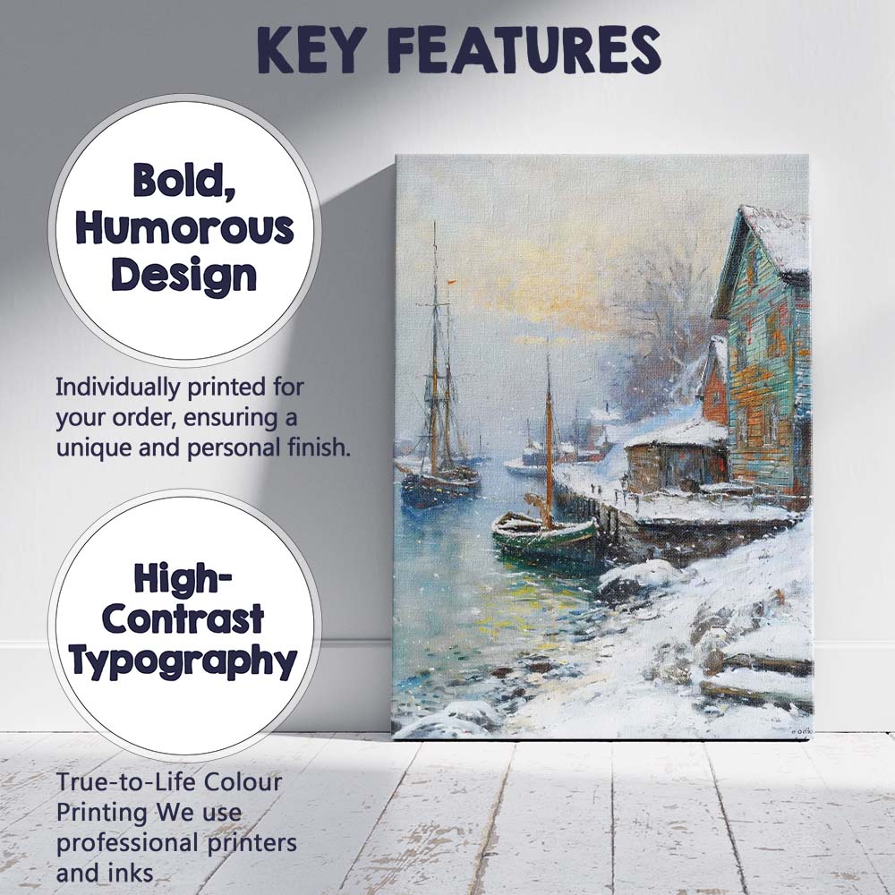 Snowy Harbour Coastal Fishing Boats Winter Village Impressionist Canvas Wall Art Print Decor Picture Ready to Hang