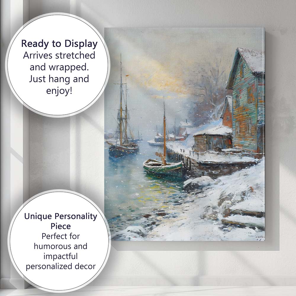 Snowy Harbour Coastal Fishing Boats Winter Village Impressionist Canvas Wall Art Print Decor Picture Ready to Hang