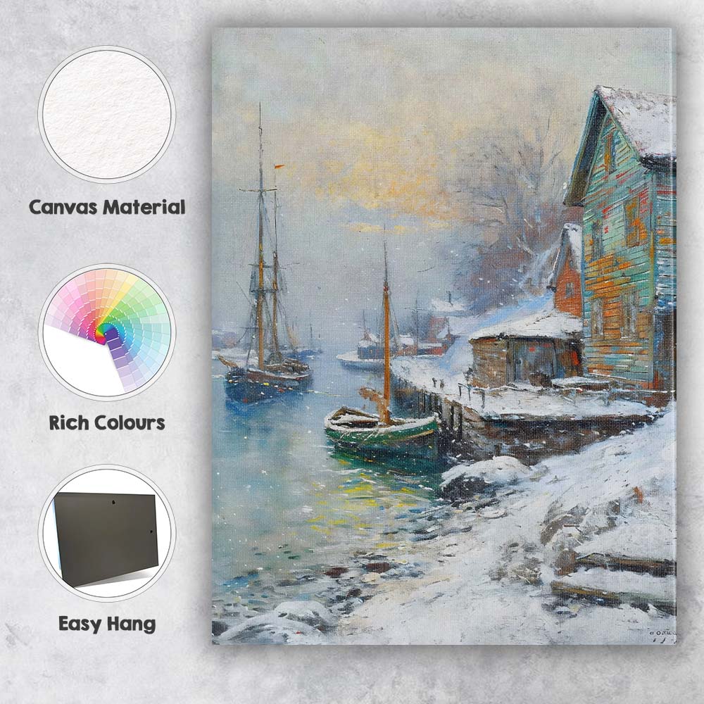 Snowy Harbour Coastal Fishing Boats Winter Village Impressionist Canvas Wall Art Print Decor Picture Ready to Hang