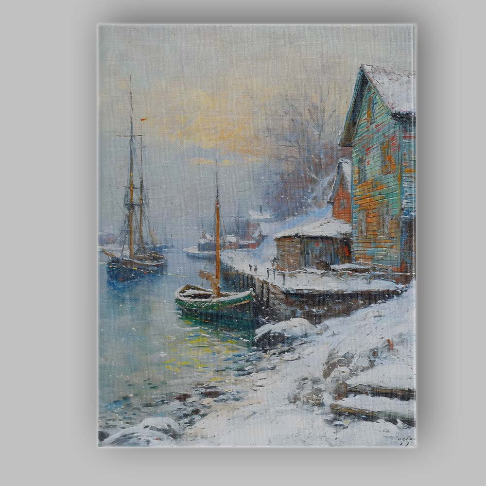 Snowy Harbour Coastal Fishing Boats Winter Village Impressionist Canvas Wall Art Print Decor Picture Ready to Hang