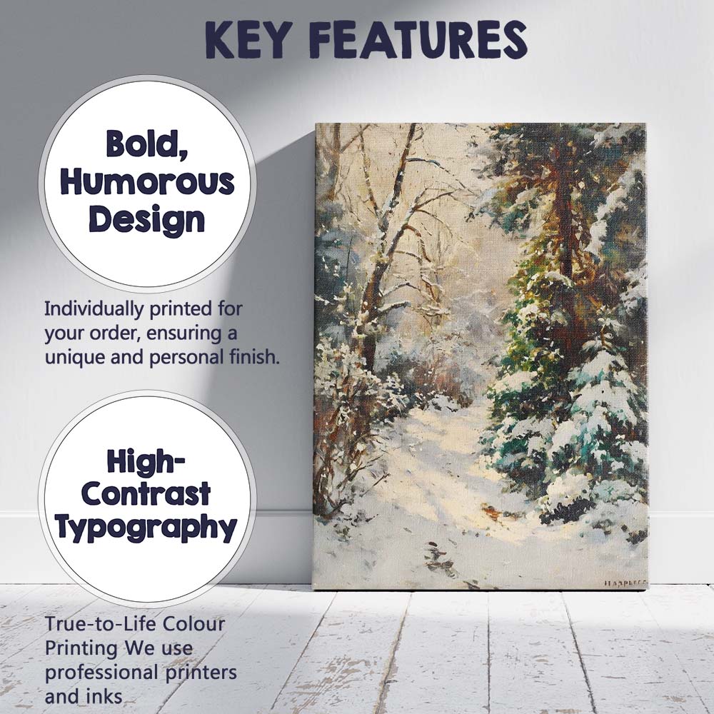 Peaceful Snow Covered Forest Path Evergreen Woodland Impressionist Canvas Wall Art Print Decor Picture Ready to Hang