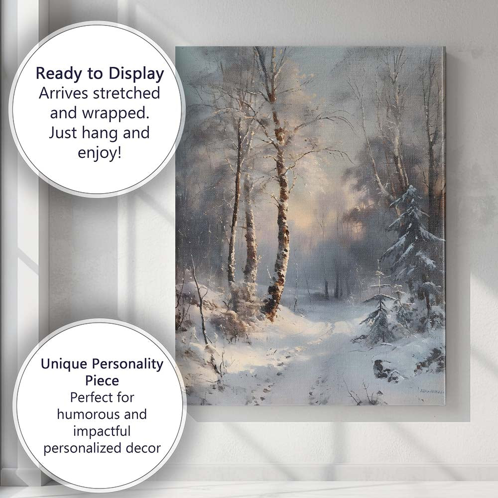 Serene Snow Covered Birch Forest Misty Winter Woodland Canvas Wall Art Print Decor Picture Ready to Hang