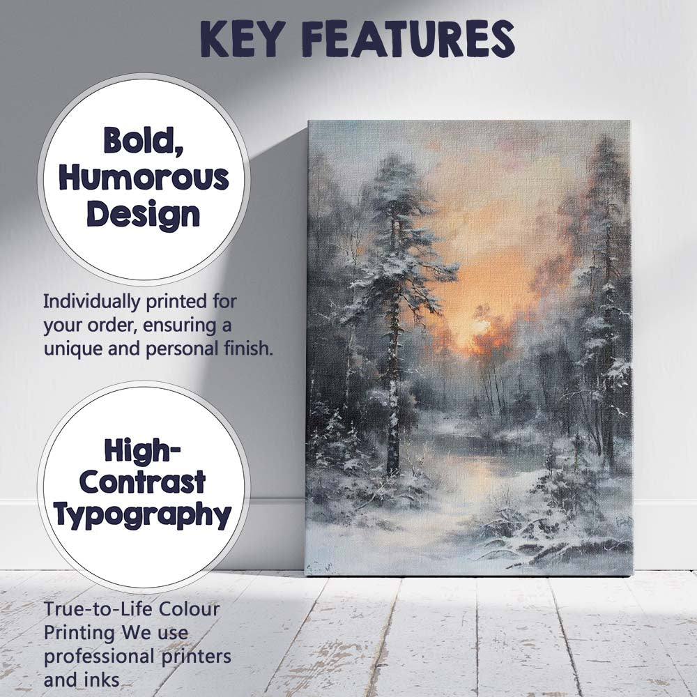 Dramatic Winter Sunset Frozen Forest Lake Impressionist Landscape Canvas Wall Art Print Decor Picture Ready to Hang