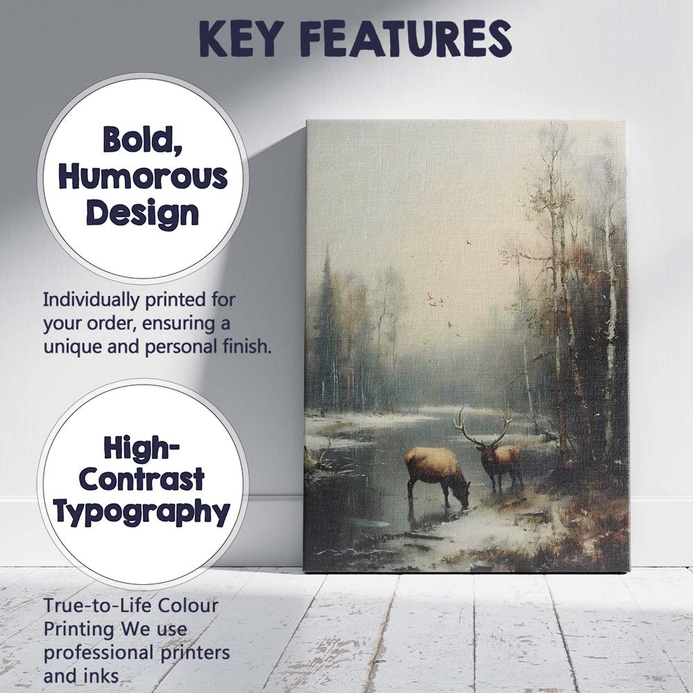 Peaceful Woodland Elk By Frozen River Winter Scene Canvas Wall Art Print Decor Picture Ready to Hang