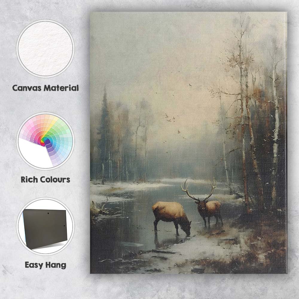 Peaceful Winter Wetland Deer Wildlife Snow Landscape Canvas Wall Art Print Decor Picture Ready to Hang