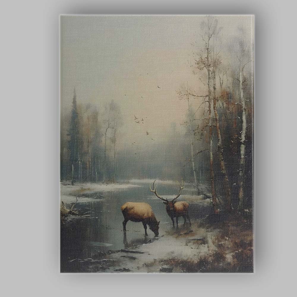 Peaceful Woodland Elk By Frozen River Winter Scene Canvas Wall Art Print Decor Picture Ready to Hang