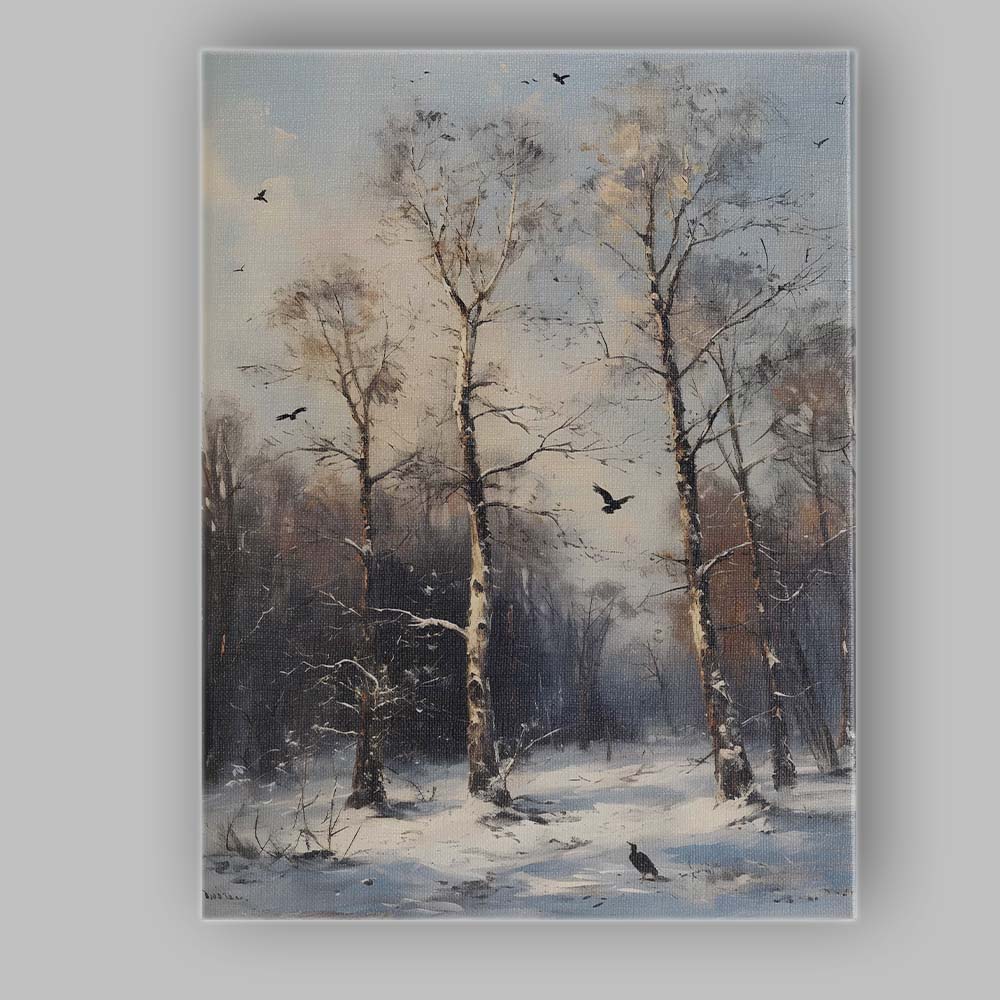 Snow Covered Birch Woodland Black Birds Winter Forest Canvas Wall Art Print Decor Picture Ready to Hang