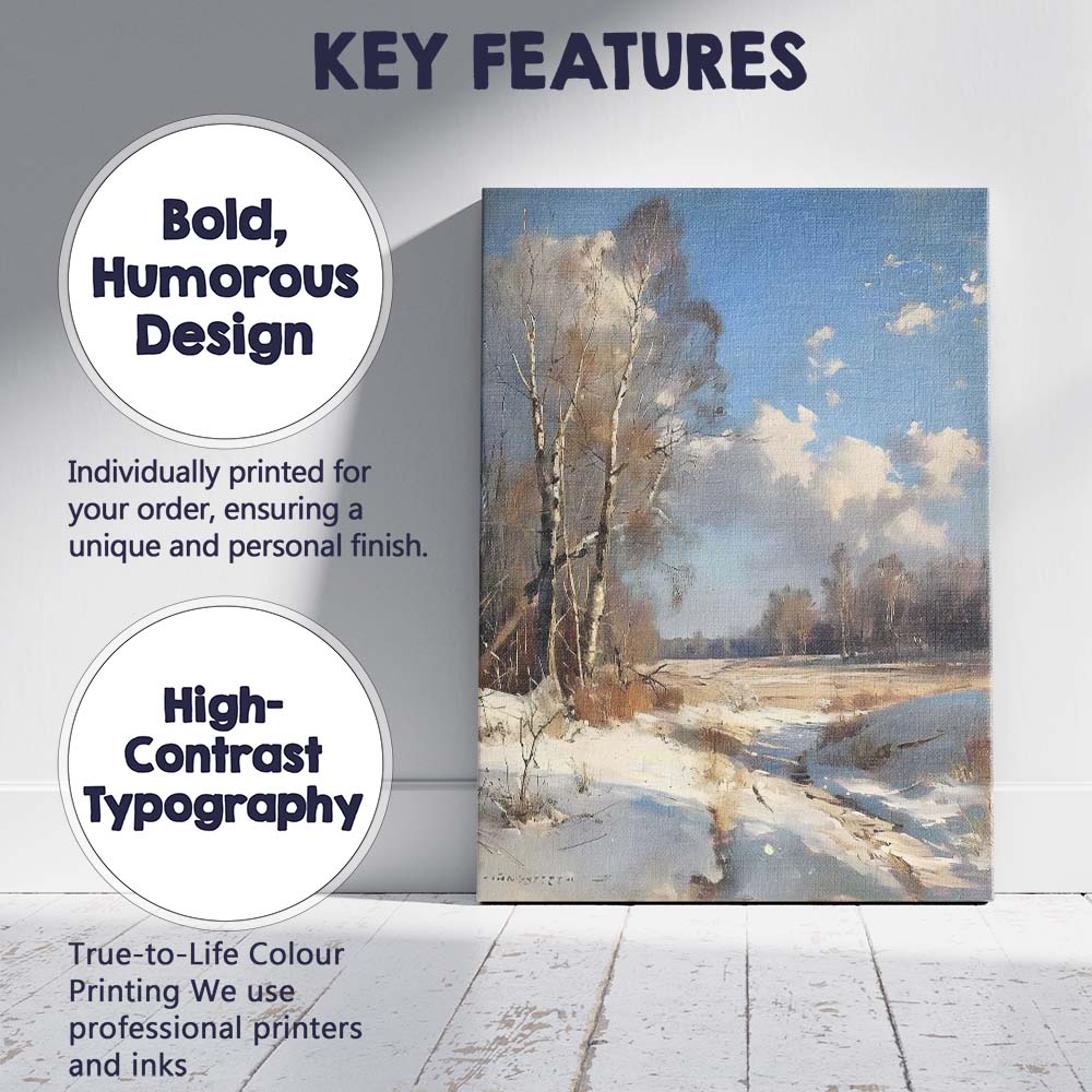 Bright Blue Sky Snowy Countryside Birch Tree Landscape Canvas Wall Art Print Decor Picture Ready to Hang