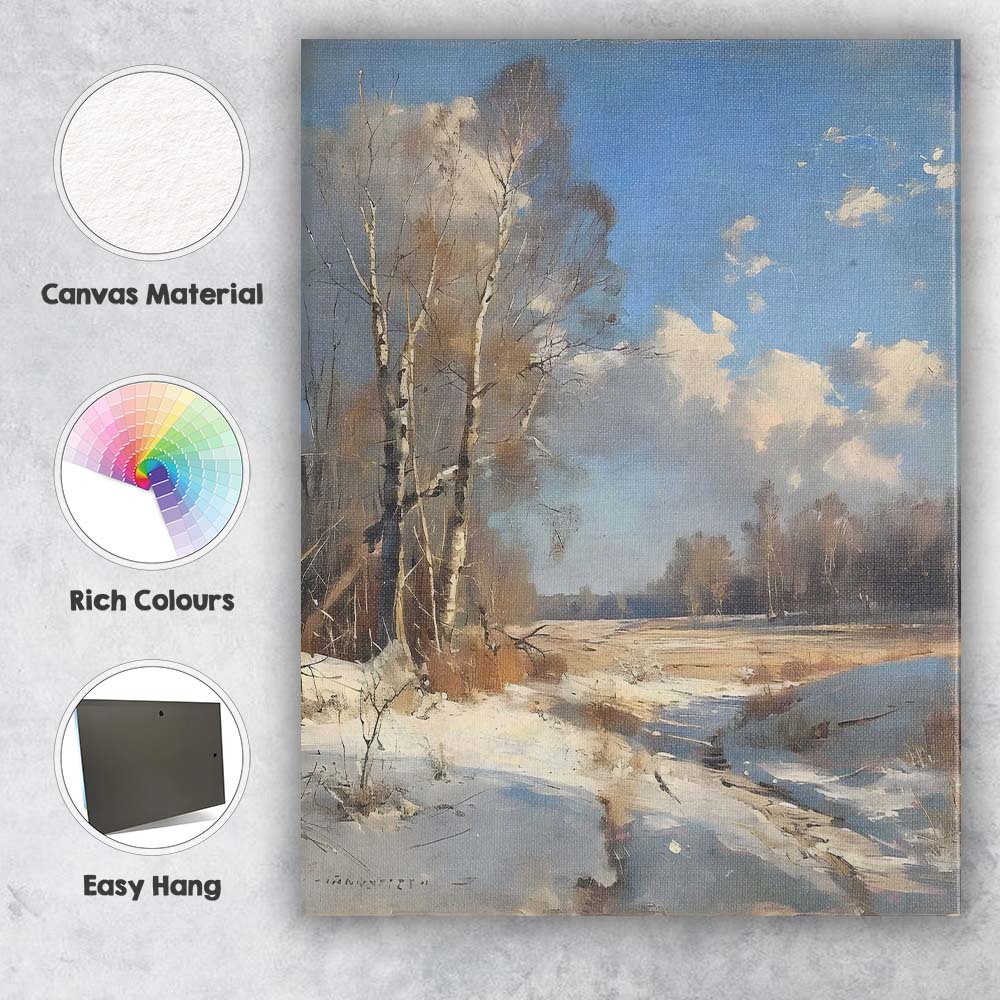 Bright Blue Sky Snowy Countryside Birch Tree Landscape Canvas Wall Art Print Decor Picture Ready to Hang