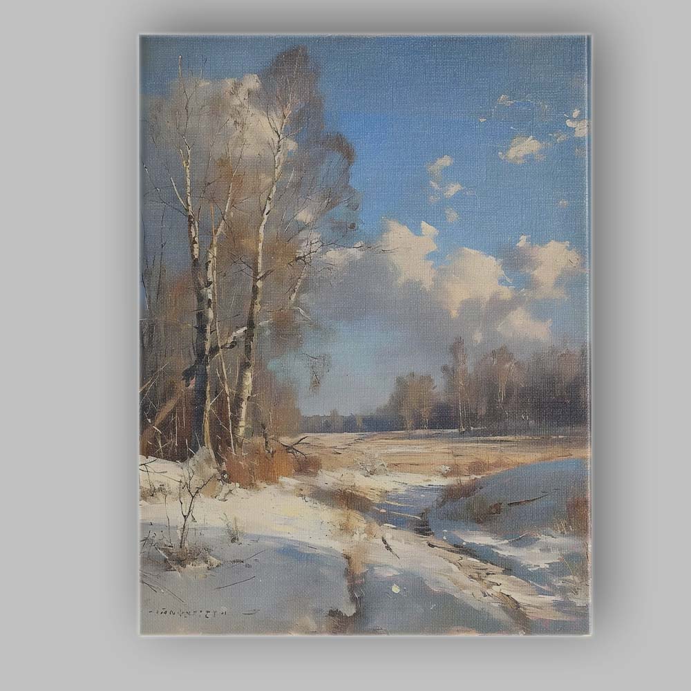 Bright Blue Sky Snowy Countryside Birch Tree Landscape Canvas Wall Art Print Decor Picture Ready to Hang