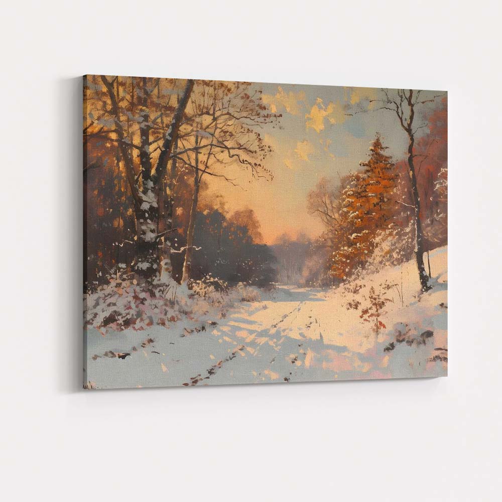 Golden Winter Woodland Snow Covered Country Track Canvas Wall Art Print Decor Picture Ready to Hang