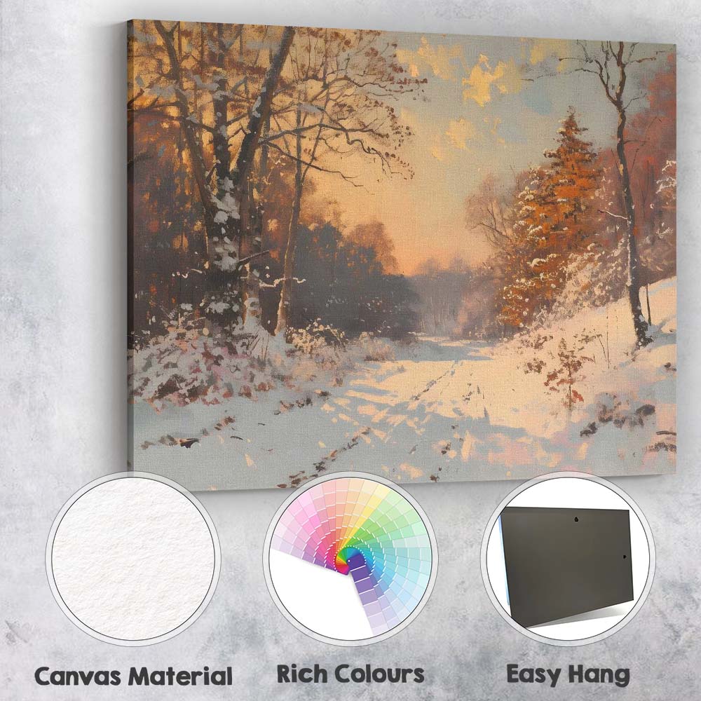 Golden Winter Woodland Snow Covered Country Track Canvas Wall Art Print Decor Picture Ready to Hang