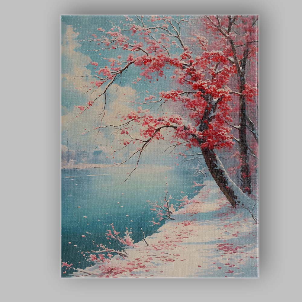 Pink Cherry Blossom Snow Covered Lakeside Spring Winter Landscape Canvas Wall Art Print Decor Picture Ready to Hang