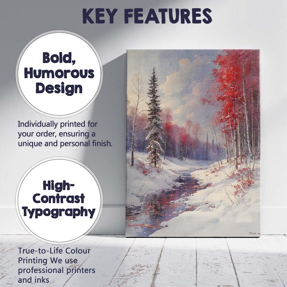 Red Birch Forest Snowy Stream Winter Woodland Landscape Canvas Wall Art Print Decor Picture Ready to Hang