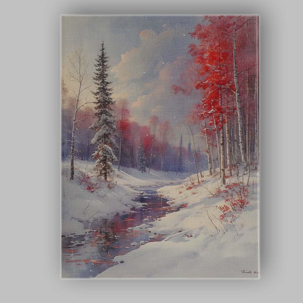 Red Birch Forest Snowy Stream Winter Woodland Landscape Canvas Wall Art Print Decor Picture Ready to Hang