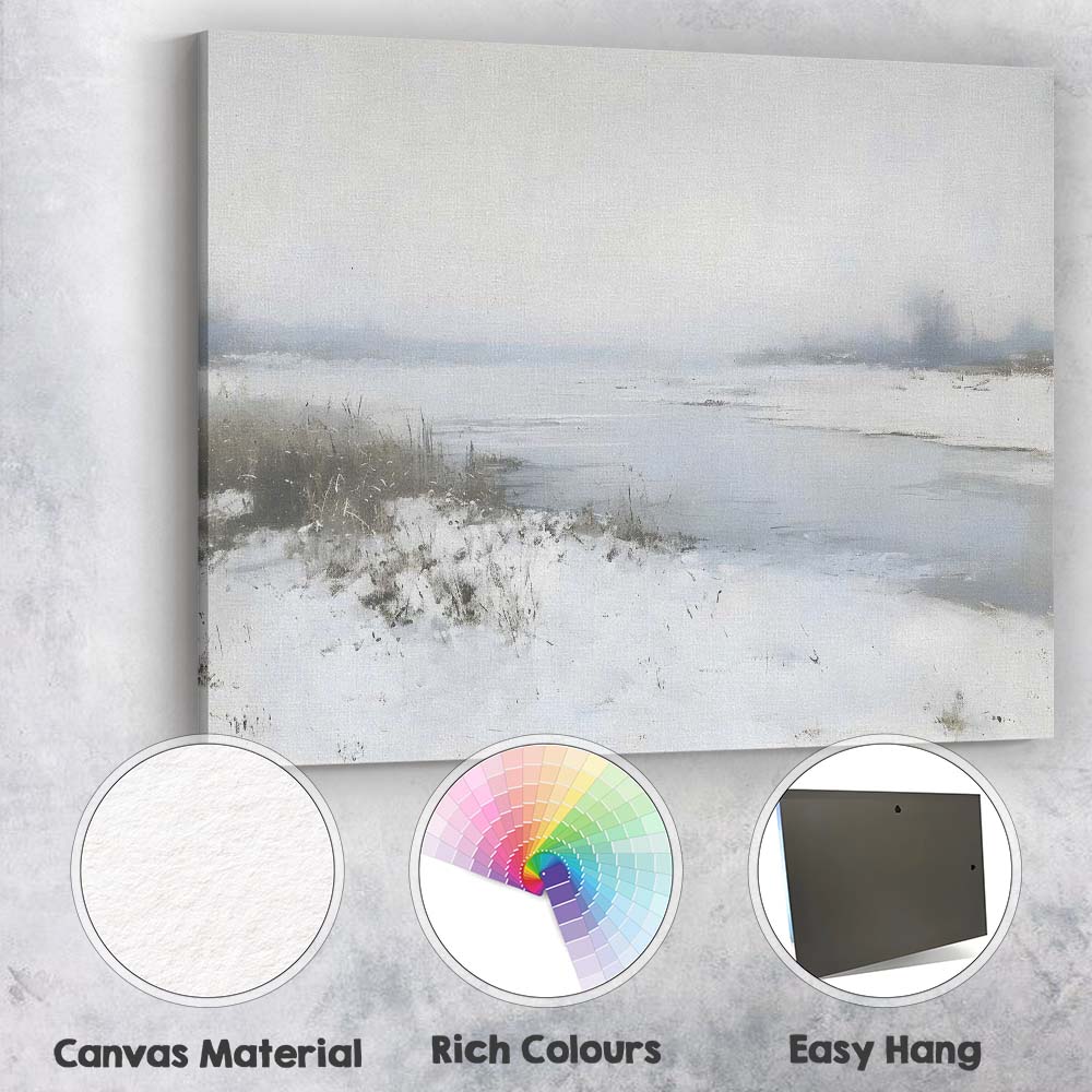 Minimalist Misty Frozen Lake Soft Neutral Winter Landscape Canvas Wall Art Print Decor Picture Ready to Hang