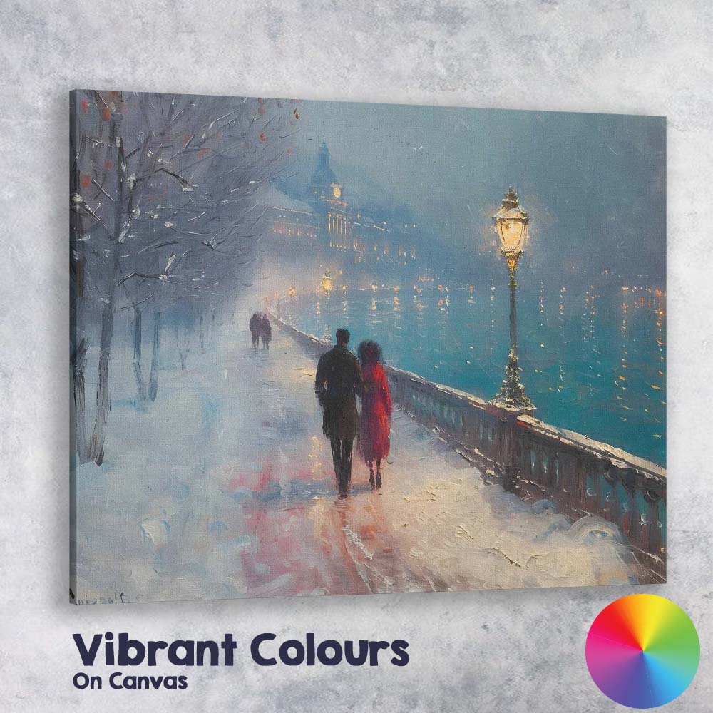 Romantic Snowy Riverside Evening City Walk Impressionist Canvas Wall Art Print Decor Picture Ready to Hang