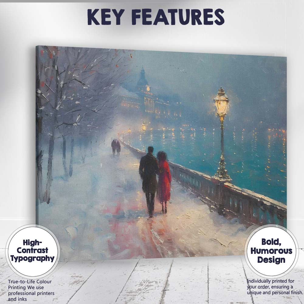 Romantic Snowy Riverside Evening City Walk Impressionist Canvas Wall Art Print Decor Picture Ready to Hang