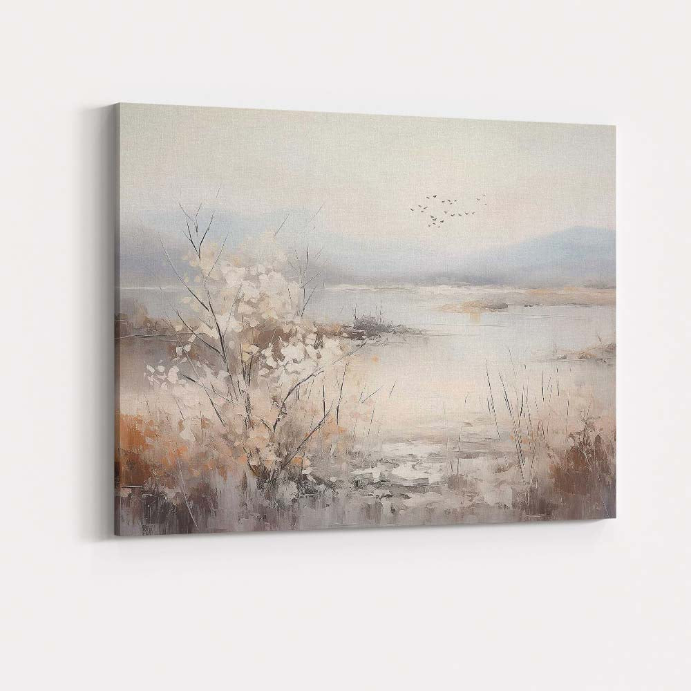 Soft Neutral Winter Lakeside Reed Marsh Landscape Canvas Wall Art Print Decor Picture Ready to Hang