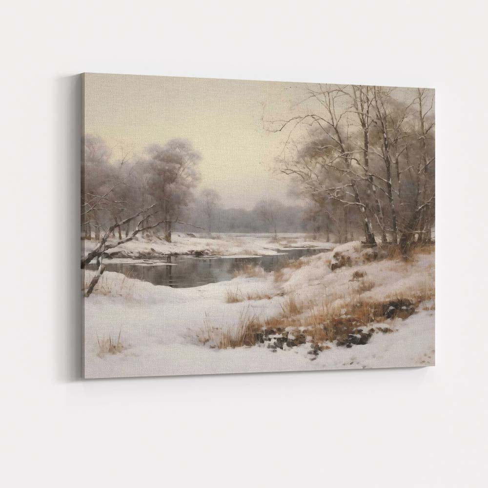 Snow Covered Riverside Woodland Misty Winter Landscape Canvas Wall Art Print Decor Picture Ready to Hang