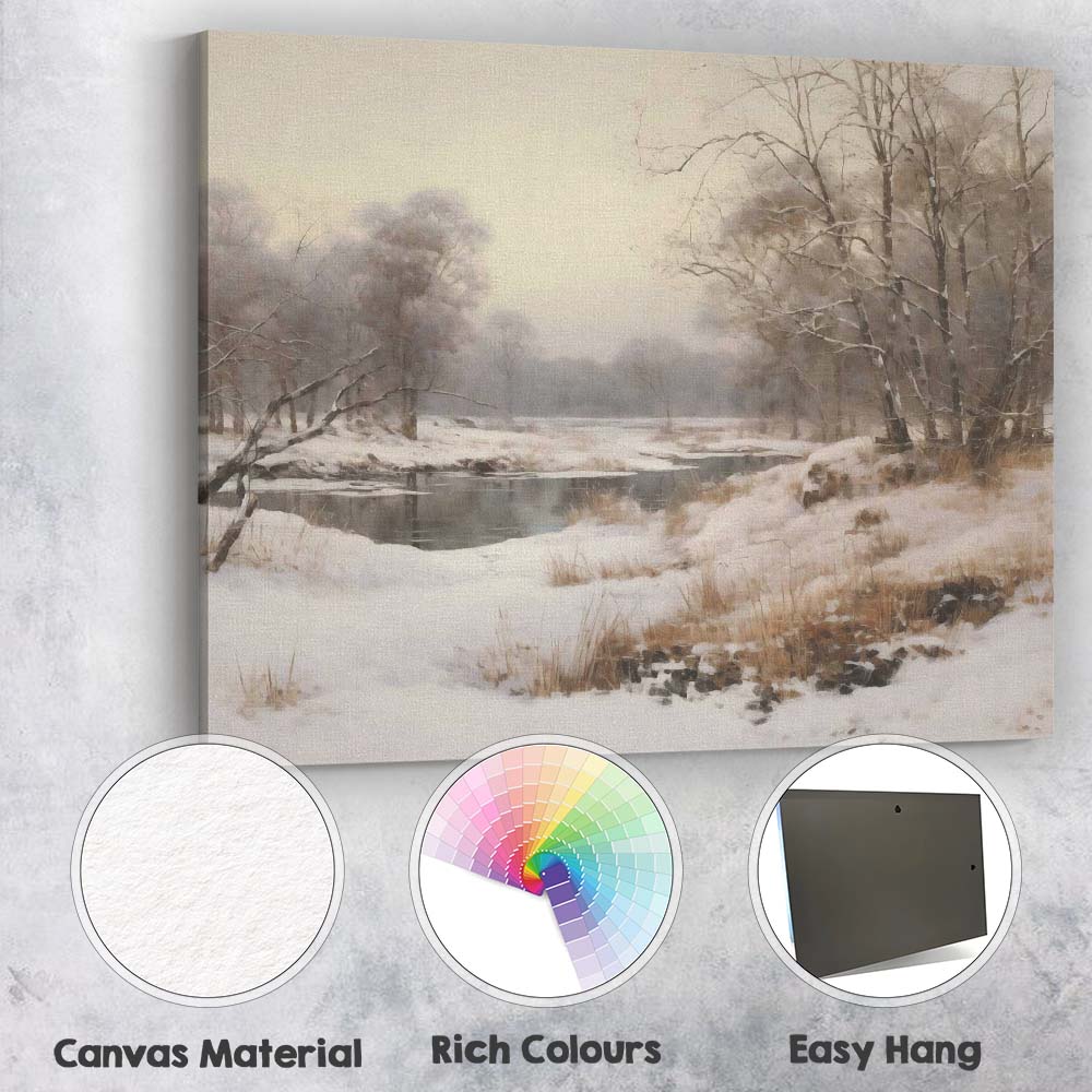 Snow Covered Riverside Woodland Misty Winter Landscape Canvas Wall Art Print Decor Picture Ready to Hang