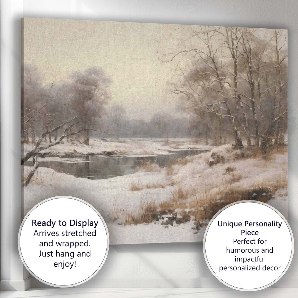 Snow Covered Riverside Woodland Misty Winter Landscape Canvas Wall Art Print Decor Picture Ready to Hang