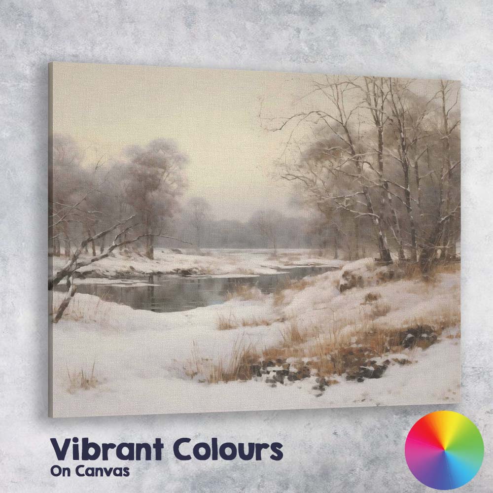 Snow Covered Riverside Woodland Misty Winter Landscape Canvas Wall Art Print Decor Picture Ready to Hang