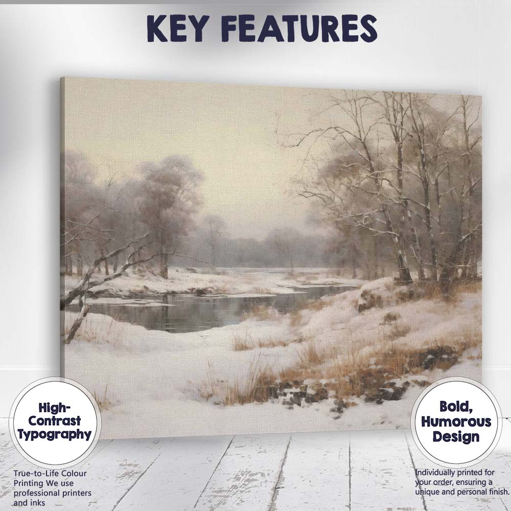 Snow Covered Riverside Woodland Misty Winter Landscape Canvas Wall Art Print Decor Picture Ready to Hang