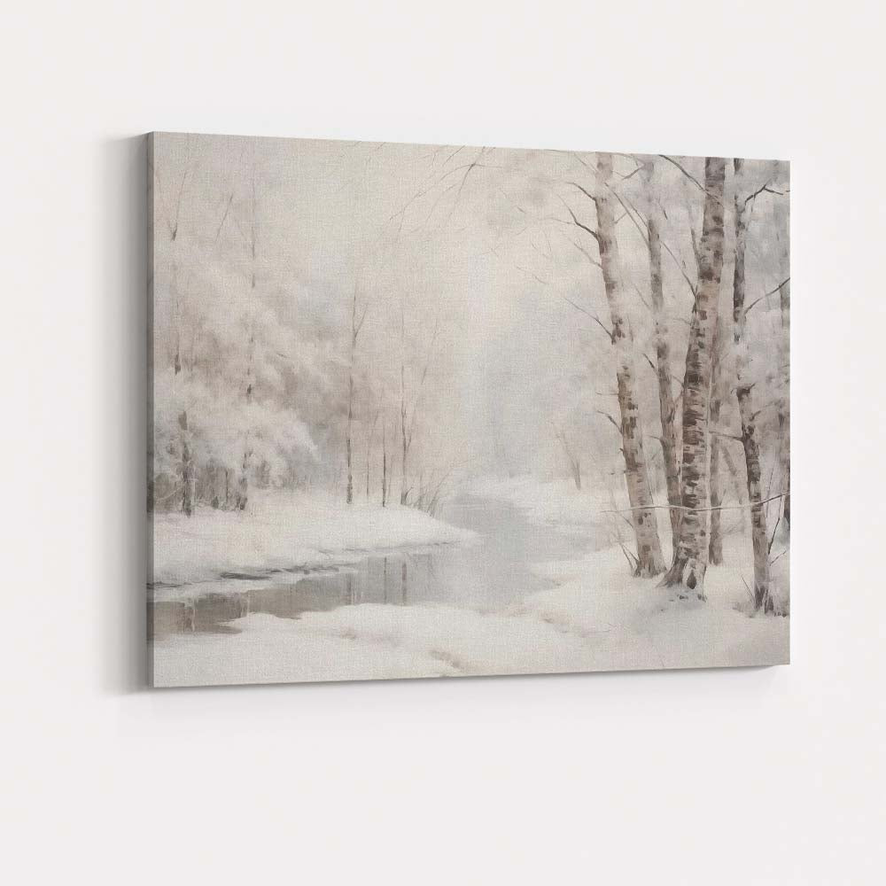 Ethereal Birch Forest Snowy River Winter Watercolour Style Canvas Wall Art Print Decor Picture Ready to Hang